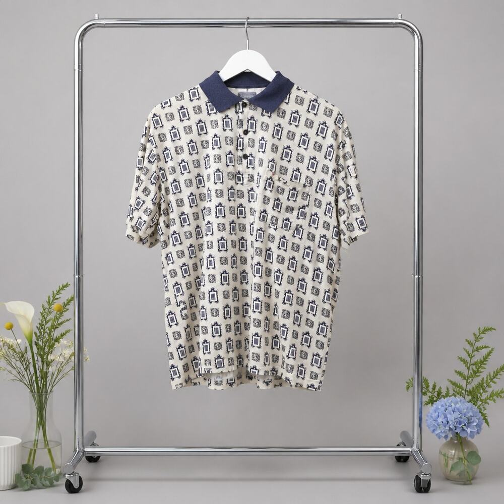 Vintage Laurant Benon Paris Polo Shirt Mens M/L Blue Shield Geometric 90s